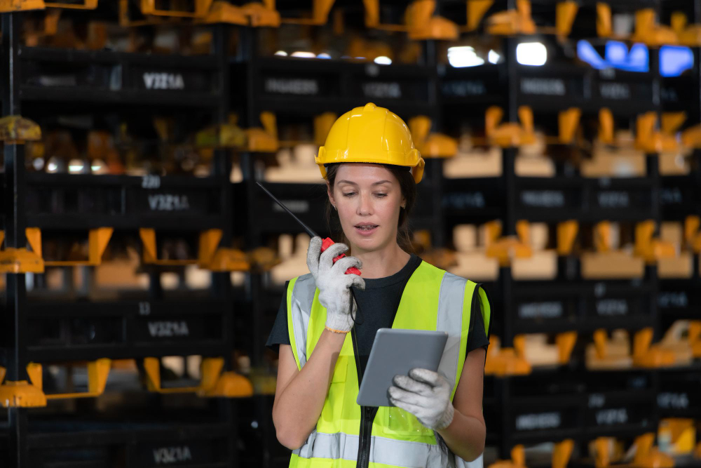 Female worker in an auto parts warehouse examine auto parts that are ready