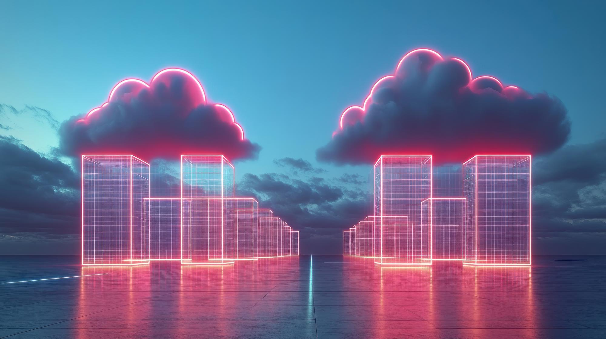 Two glowing pink cloud formations over a city skyline made of glowing pink